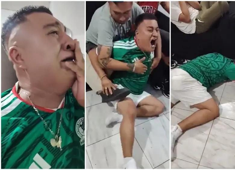 Una pantalla gigante encendida, tres hombres en un sillón negro y un hincha con la camiseta verde de México, que camina como un “león enjaulado” frente al televisor ante la eliminación del equipo del Mundial 2026. FOTO: Captura de video de redes sociales