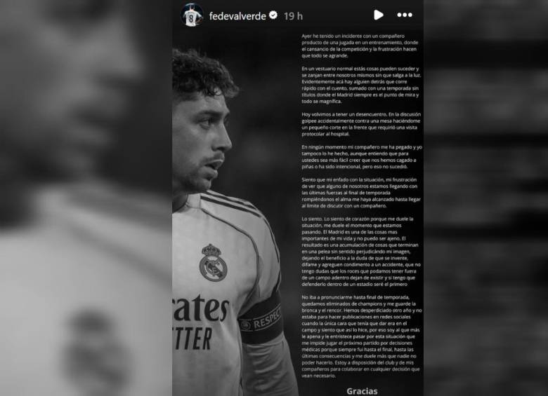 Comunicado de Federico Valverde publicado el jueves. Foto: @fedevalverde