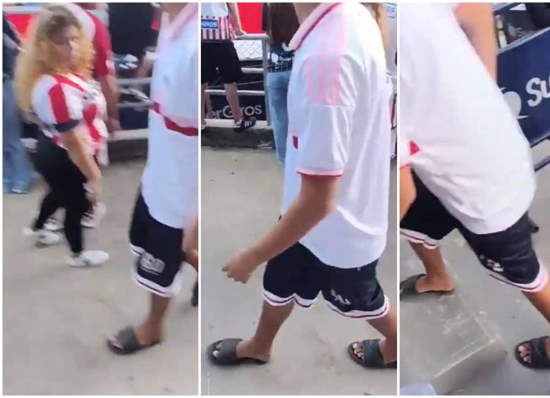 Así fue como la mujer “echó” del estadio al joven hincha por usar chanclas. FOTO: Captura de video de redes sociales @criticolombia4