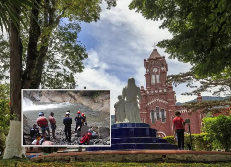 Adelante, el lugar de la tragedia. Atrás, parque principal de San Carlos. Foto: Andrés Camilo Suárez Echeverry e imagen tomada de redes.