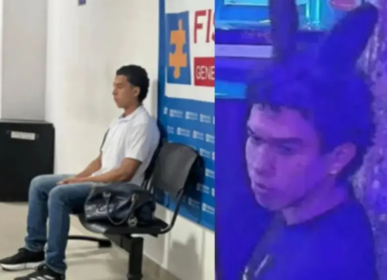 Ricardo González en la sede de la Fiscalía y previamente en el bar Before Club con las orejas de conejo negras. FOTO: Captura video de redes sociales y Cortesía Fiscalía General de la Nación