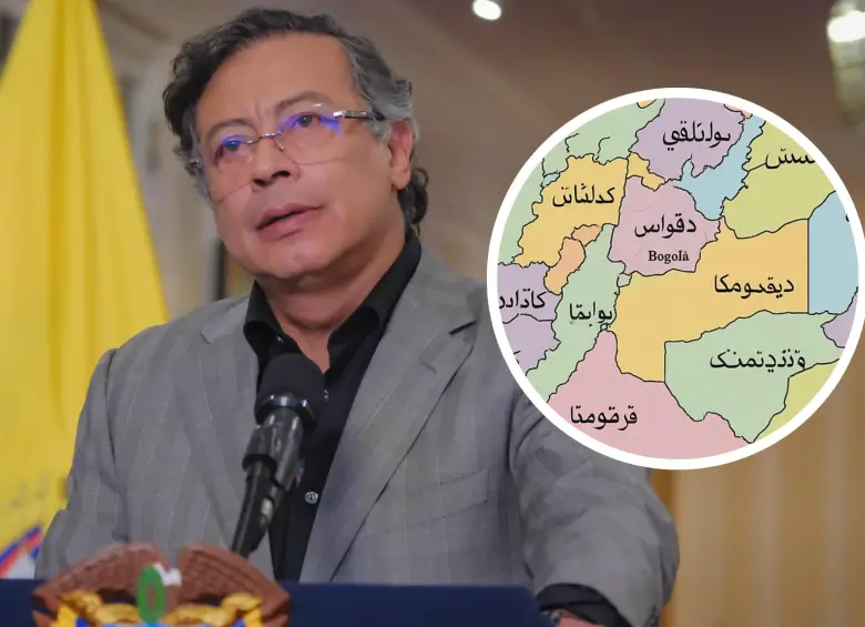 Con un mapa de Colombia con los departamentos en idioma árabe, usuarios en redes sociales le siguen reclamando al presidente Petro su desconexión con la situación del país. FOTO: Tomada redes sociales @infopresidencia y @davidcancino