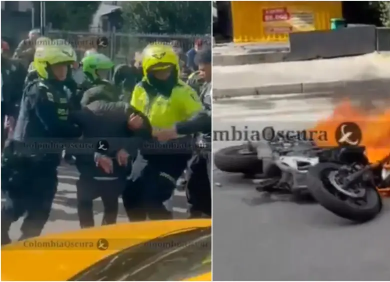 El hecho ocurrió precisamente sobre la calle 95 entre carreras 13 y 14, en inmediaciones del Parque de la 93, de la localidad de Chapinero. La comunidad incendió la moto de los delincuentes. FOTO: CAPTURA VIDEO REDES SOCIALES @COLOMBIAOSCURA