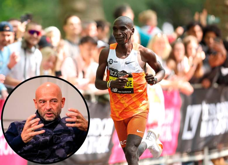 Andy Jones (en el círculo) hizo parte del equipo del corredor Eliud Kipchoge (foto grande), uno de los mejores maratonistas del mundo. FOTO Camilo Suárez / Getty