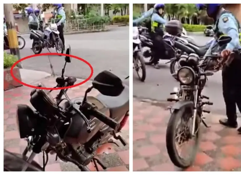 A la izquierda, la distancia entre la moto y la acera. A la derecha, momento en el que el agente retira la motocicleta de un espacio privado. FOTO: imagen tomada de redes.