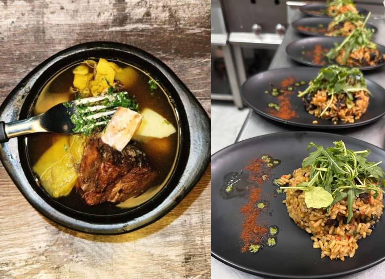 aldo de costilla (izquierda) y arroz con pringamosa (derecha), dos preparaciones inspiradas en la cocina tradicional del Cauca. Foto: cortesía.