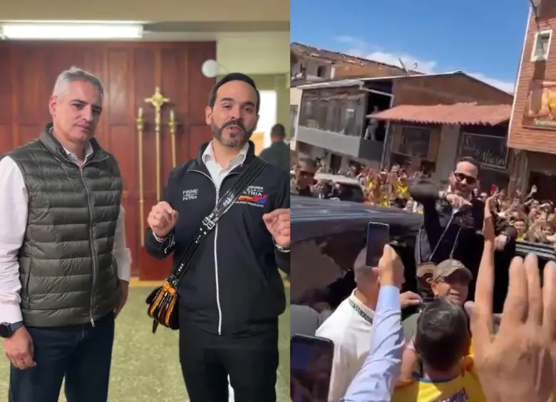 Abelardo De la Espriella visitó San Pedro de los Milagros, Antioquia, con un carriel tradicional antioqueño. En su primera visita al departamento como presidente electo fue recibido por el gobernador Andrés Julián Rendón y decenas de simpatizantes. Foto: Cortesía
