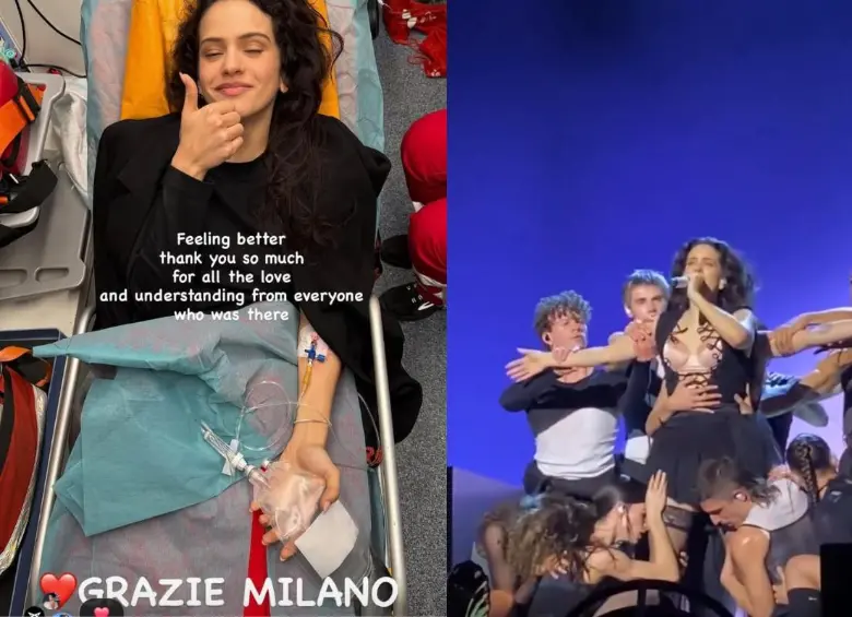 Rosalía publicó una imagen desde una cama hospitalaria horas después de abandonar el escenario en Milán por una intoxicación alimentaria. FOTOS: Tomadas de redes sociales 