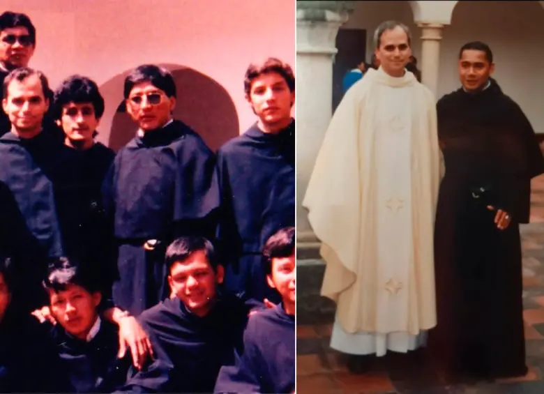 En la foto de la izquierda, Robert Prevost es quien está al extremo izquierdo, debajo del hombre de gafas. A la derecha, de blanco, con uno de los jóvenes en Bojacá, Cundinamarca. FOTOS Cortesía Fray Israel Jiménez