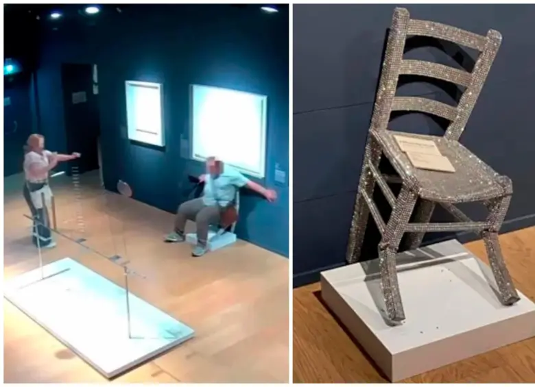 La silla Van Gogh, obra del artista Nicola Bolla cubierta de cristales Swarovski, fue dañada por un turista en el Palazzo Maffei de Verona. FOTOS cortesía 