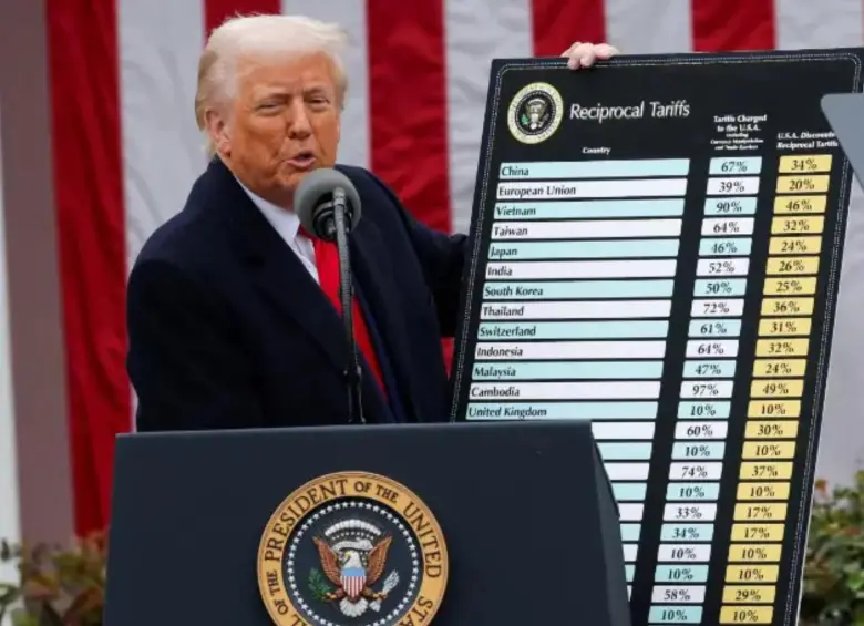 El presidente Donald Trump con la tabla de sus aranceles recíprocos. FOTO: Getty