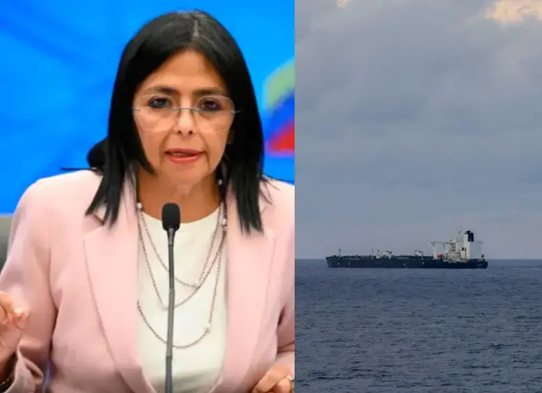 La presidenta interina de Venezuela, Delcy Rodríguez, y uno de los buques petroleros incautados. FOTO: AFP y redes sociales @Southcom