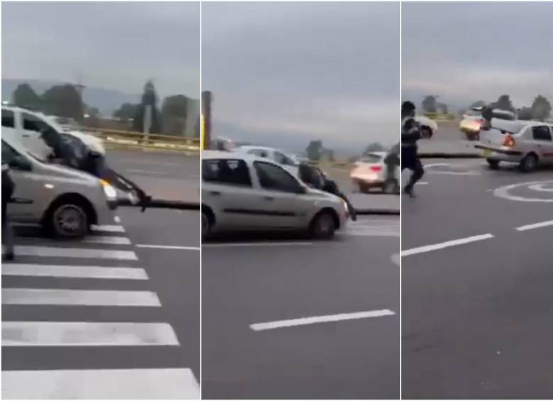 Secuencia de como el conductor embistió y arrastró al agente de tránsito por la vía frente al aeropuerto El Dorado de Bogotá. FOTO: CAPTURA VIDEO REDES SOCIALES