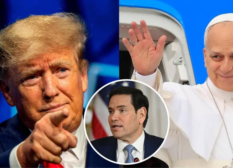 El presidente de Estados Unidos, Donald Trump, y el papa Leín XIV. En la foto detalle, Marco Rubio. Fotos: AFP - Getty