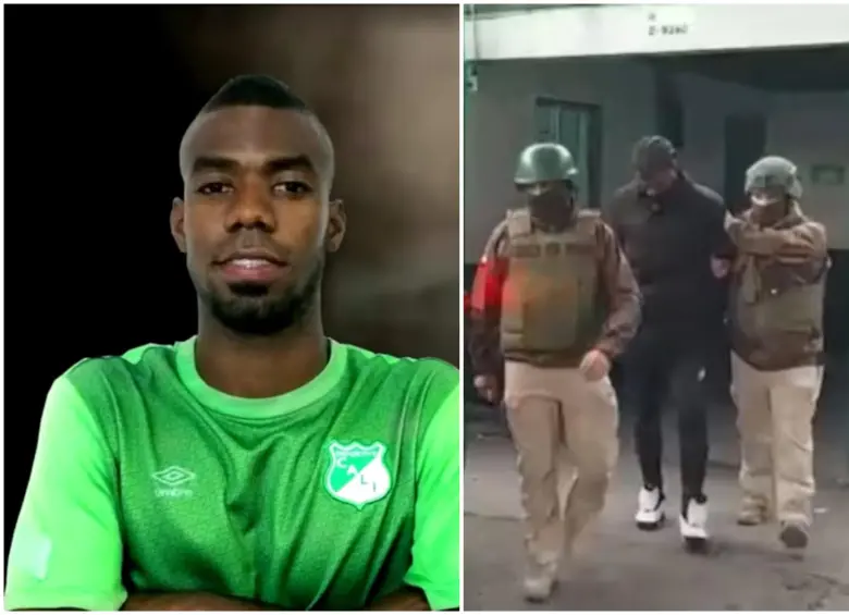 Imagen de cuando Abel Stiven Carabalí vistió la camiseta del Cali y ahora cuando fue capturado. FOTO: Captura de video @AILNews y de redes sociales @ECOH_FiscaliaRM