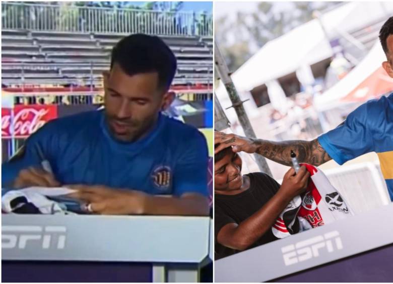 Carlos Tévez firmando la camiseta de Argentina pero no la de River. FOTO: CAPTURA DE VIDEO REDES SOCIALES 