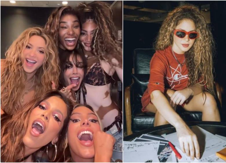 En un lado está Shakira con Danna Paola, Anitta, Winnie Harlow y Lele Pons. Al otro, la barranquillera en modo creativo. FOTO: CAPTURA REDES SOCIALES SHAKIRA