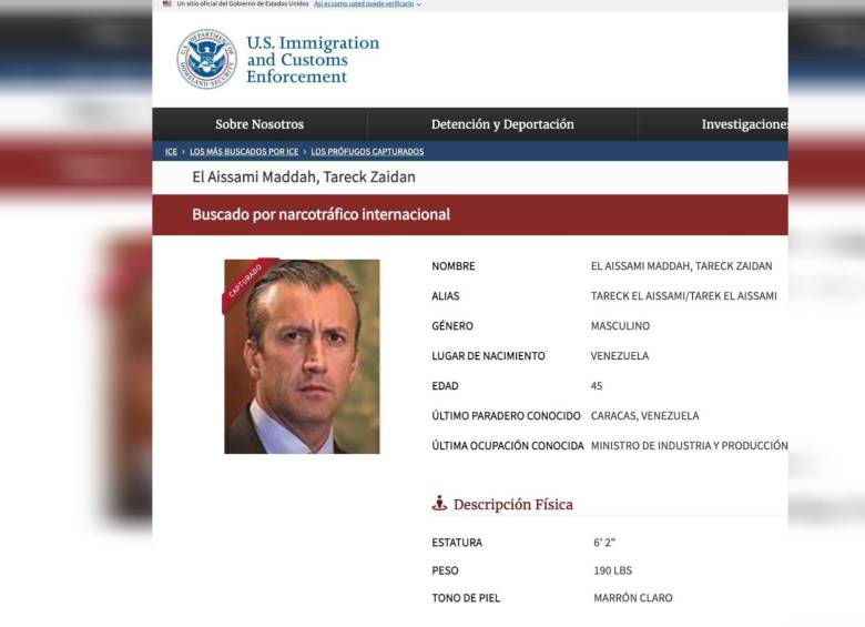 Así registra Tareck El Aissami en la agencia estadounidense. Foto: Captura portal ICE