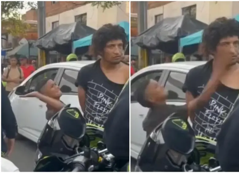 El niño afectado por el robo de su bicicleta le pegó una cachetada al ladrón cuando estaba capturado. FOTO: Captura video de redes sociales @cucutaonline