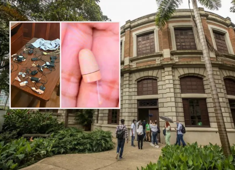adelante, los dispositivos hallados en el examen. Atrás, detalle de la Facultad de Medicina de la Universidad de Antioquia. Foto: Andrés Camilo Suárez Echeverry y Cortesía.