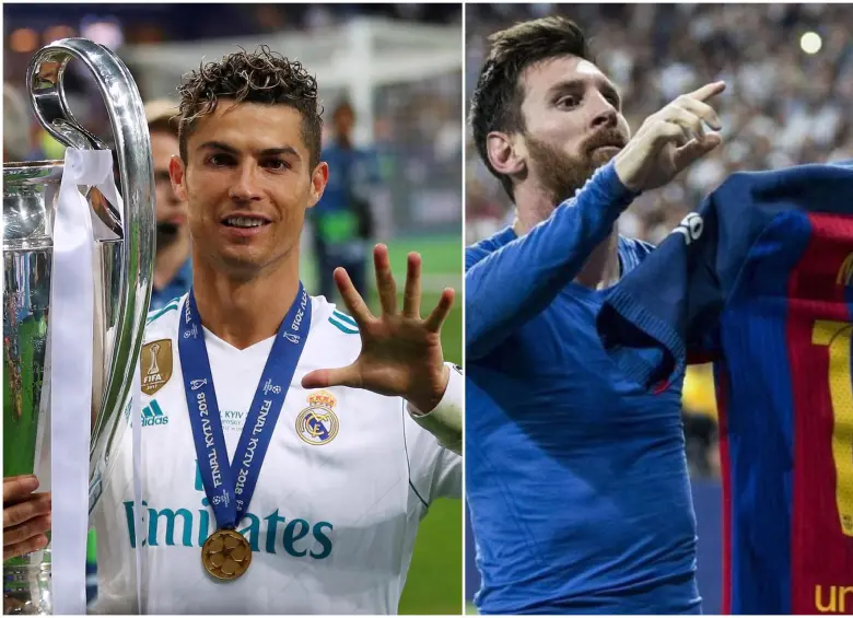 Cristiano Ronaldo ganando su última de las cinco Champions que tiene en su palmarés, y Messi exponiendo su camiseta ante los hinchas del Real Madrid en un clásico. FOTO: Getty