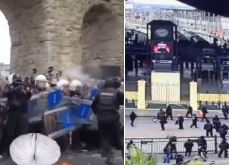 En Turquía, (izq) la policía se desplegó contra las marchas del primero de mayo, prohibidas en ese país. En Chile, varios manifestantes intentaron saquear locales comerciales (der). Foto: CAPTURA DE VIDEO