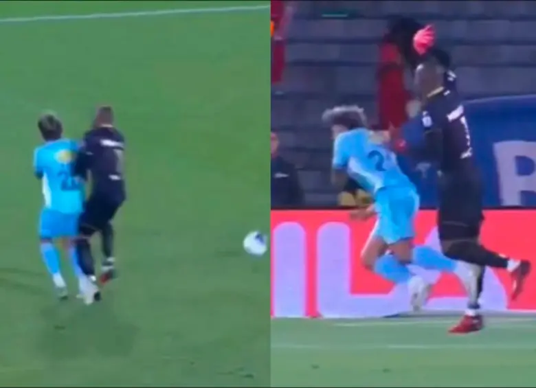 El futbolista Andrés Roa fue tumbado dentro del área de Santa Fe por el arquero Andrés Mosquera Marmolejo. Los jueces no intervinieron en la jugada. Foto: captura de pantalla tomada del x de @ElVarCentral