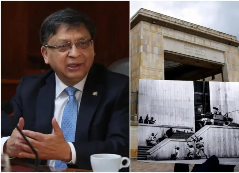 El presidente de la Corte Constitucional, Jorge Enrique Ibáñez, y un fragmento de la toma del Palacio de Justicia. FOTO: Colprensa y Corte Constitucional
