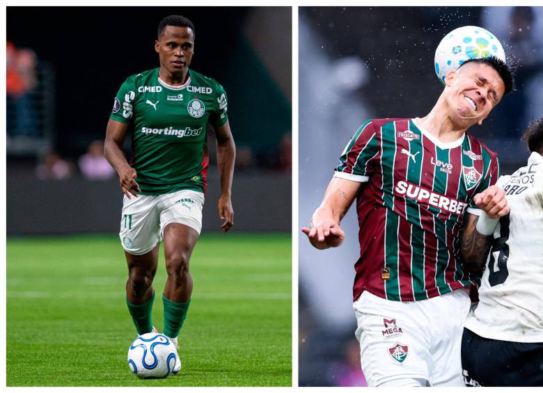 Jhon Arias (izquierda, Palmeiras) y Julián Millán (derecha, Fluminense) son dos de los tres colombianos más Kevin Serna (Fluminense) que disputarán la serie. FOTOS: Getty