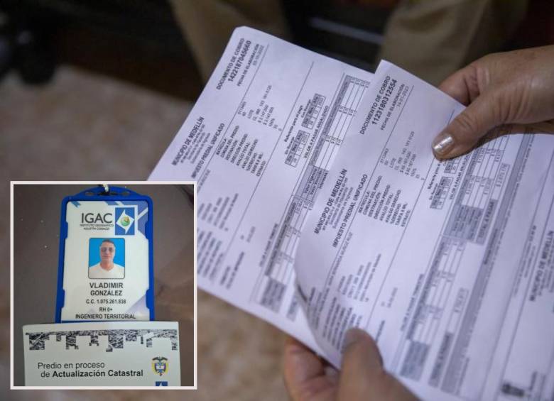 Adelante, el carnet con el que se estaría presentando el presunto estafador. Atrás, imagen de un registro catastral de referencia. FOTO: Cortesía Secretaría de Gestión Territorial y EL COLOMBIANO
