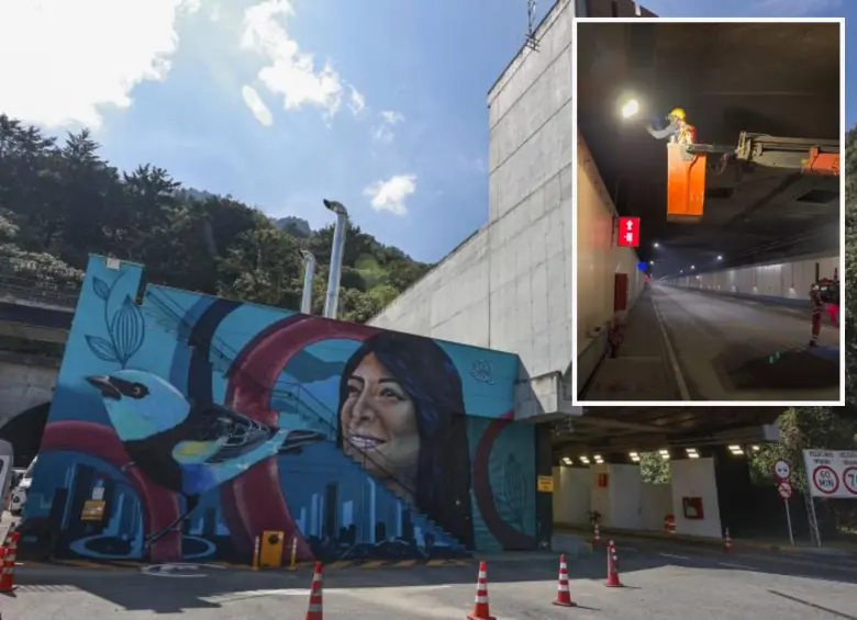 Adelante, obras de mantenimiento del túnel de Oriente. Atrás, uno de sus accesos. Foto: Manuel Saldarriaga Quintero.