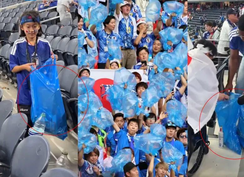 Aficionados japoneses recogen la basura en las gradas del estadio de Dallas tras el empate ante Países Bajos en el Mundial 2026. Foto: Captura de video / FIFA / Redes sociales