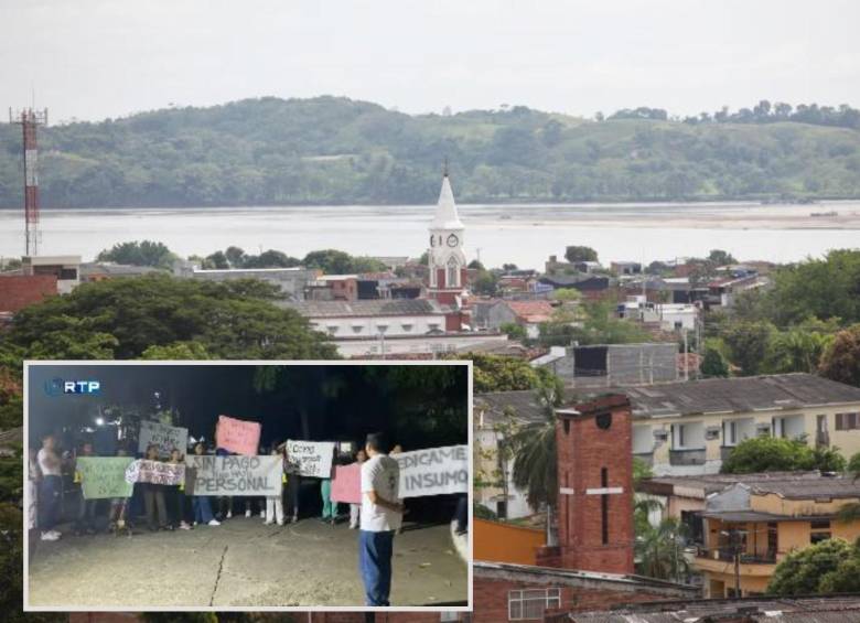 Adelante, las protestas realizadas. Atrás, Panorámica del municipio de Puerto Berrío. Foto: Fundación Julio C. Hernández e imagen tomada de las redes de RTP.