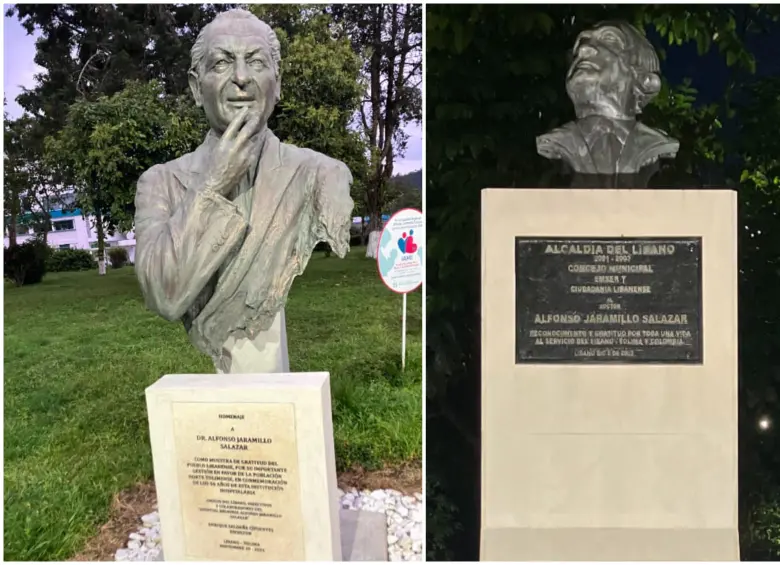 Los dos monumentos en honor a Alfonso Jaramillo Salazar en Líbano, Tolima. FOTO: Cortesía