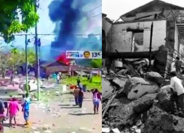 A la izquierda, Buenos Aires, Cauca, tras el ataque reciente que dejó explosiones y una humareda sobre el parque principal; a la derecha, Ituango, Antioquia, después de una toma guerrillera de 1995 por parte de las FARC. El parecido es tenebroso. FOTO Captura de video y Donaldo Zuluaga