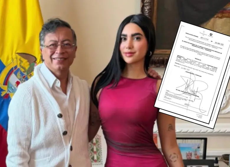 La influencer y estudiante de derecho Gabriela Muñoz y el presidente Gustavo Petro. En el facsímil, la resolución en la que fue contratado su hermano Santiago. Foto: Redes sociales.
