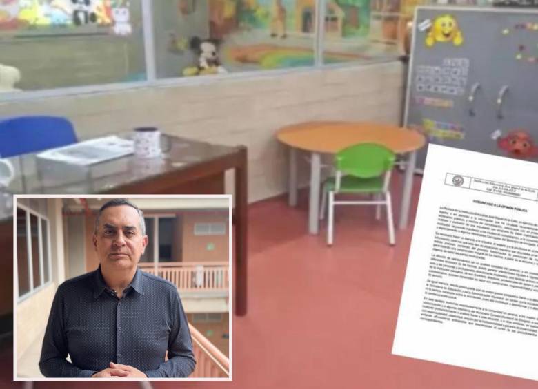 Adelante, el alcalde de Envigado Raúl Cardona, atrás la imagen del puesto de estudio de la pequeña en una esquina del salón. FOTO: imagen tomada de redes.