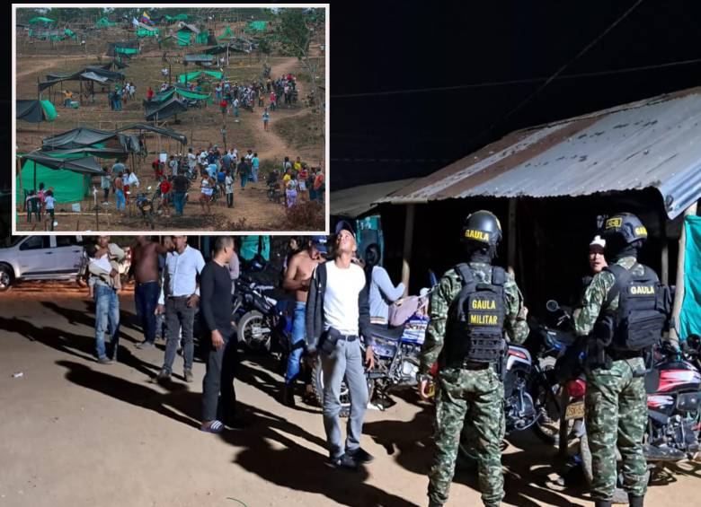 Adelante, parte del asentamiento irregular erigido tras la invasión de la Hacienda Santa Helena. Atrás, operativo de las autoridades dentro del predio. FOTO: Manuel Saldarriaga y Cortesía