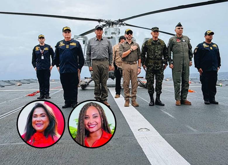 Desde el Buque ARC 24 de Julio, en aguas colombianas del Caribe, el Presidente Abelardo De La Espriella dirigió una alocución televisada el domingo pasado, día en el que encaró a la representante Elizabeth Jay-Pang (izquierda) y a la gobernadora de San Andrés, Natacha Ordóñez. Foto: Presidencia