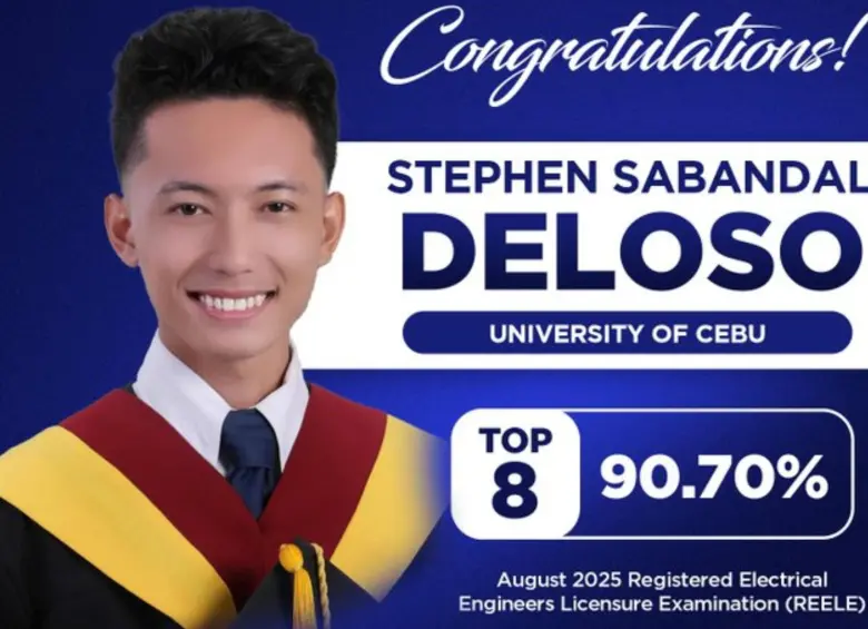 El cartel con el que la universidad destacó el logro de Stephen Sabandal Deloso y que los padres colgaron afuera de su casa. FOTO: Tomada redes sociales Universidad de Cebú