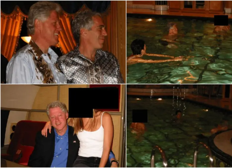 Las imágenes virales de Clinton con la mujer de cara tapada en un jacuzzi y con Epstein. FOTO: Comité de Supervisión de la Cámara de Representantes / Gobierno de Estados Unidos