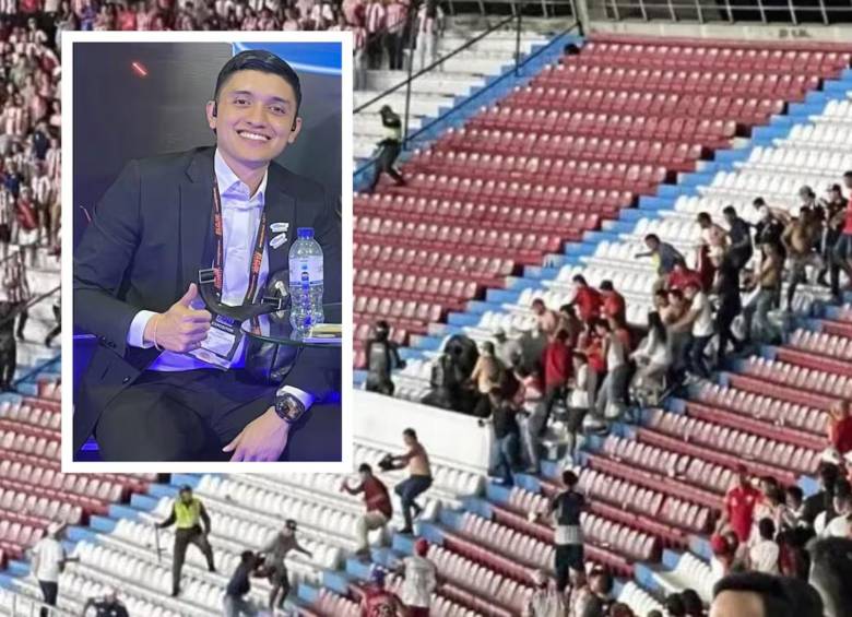 Momento de la riña en la tribuna. FOTO: Redes sociales y @HablaDeportes
