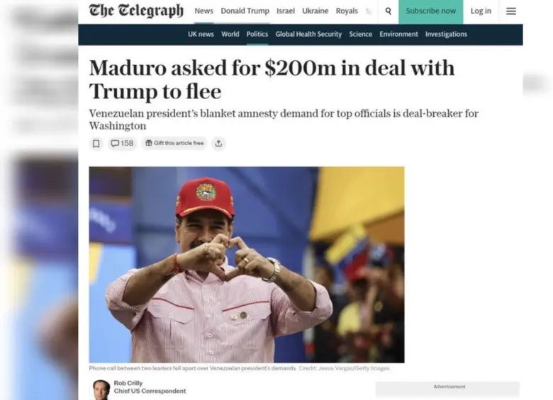 El diario británico reveló las solicitudes de Maduro a Trump para dejar Venezuela. Foto: Captura The Telegraph