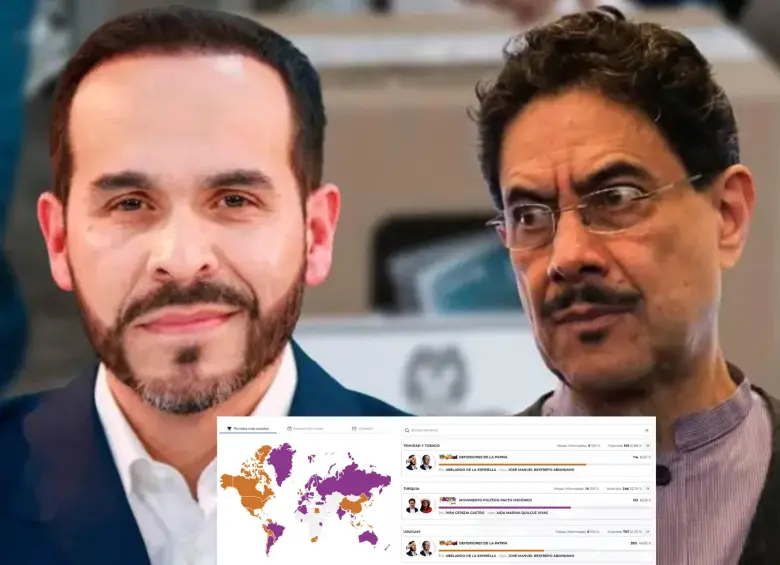 Así votó el exterior: Estados Unidos, Venezuela y México para De la Espriella; España y Alemania para Cepeda. Foto: El Colombiano / Colprensa / Captura de pantalla Registraduría Nacional del Estado Civil.