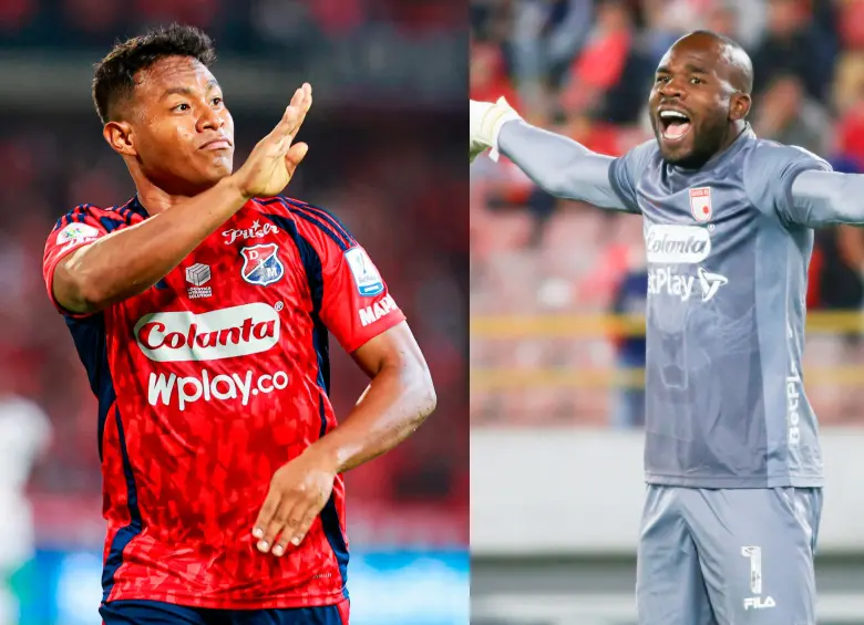 El delantero del DIM, Léider Berrío es el segundo máximo goleador del Medellín en el Apertura. Marmolejo, arquero de Santa Fe, estuvo en El Poderoso hasta finales de 2023. FOTO: CAMILO SUÁREZ Y GETTY