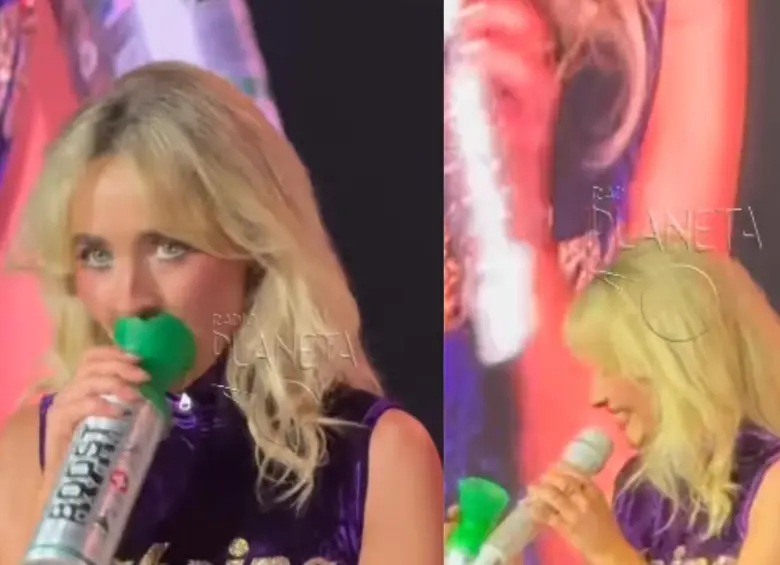 Sabrina Carpenter utilizó oxígeno durante su concierto en Bogotá debido a los efectos de la altura, sin detener su presentación. FOTO: captura de video/ Radio Planeta.