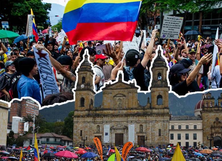 Salvo algunos casos en Medellín, Tolima y Popayán, las marchas transcurrieron sin mayores enfrentamientos entre los participantes y las autoridades en las principales ciudades del país. FOTO Julio Herrera y AFP. Ilustración EL COLOMBIANO