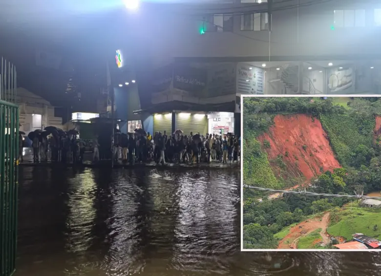 Adelante, uno de los deslizamientos en el Nordeste. Atrás, el centro del municipio de Rionegro inundado a raíz de las fuertes lluvias de ayer martes. FOTO: Cortesía e imagen tomada de redes.