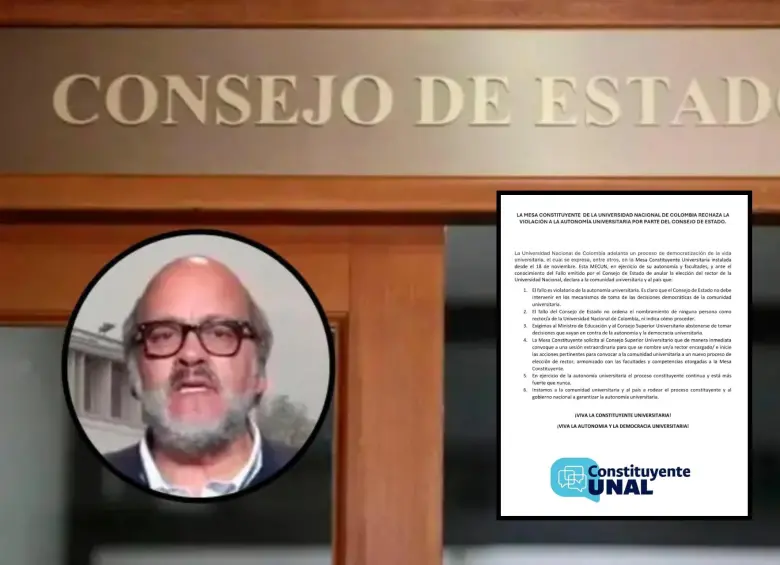 Consejo de Estado anuló la elección de Leopoldo Múnera como rector de la U. Nacional. El académico había sido designado en el cargo en junio de 2024. Es el segundo fallo sobre la Rectoría de esa institución. FOTO: Colprensa y Mesa Constituyente Universitaria