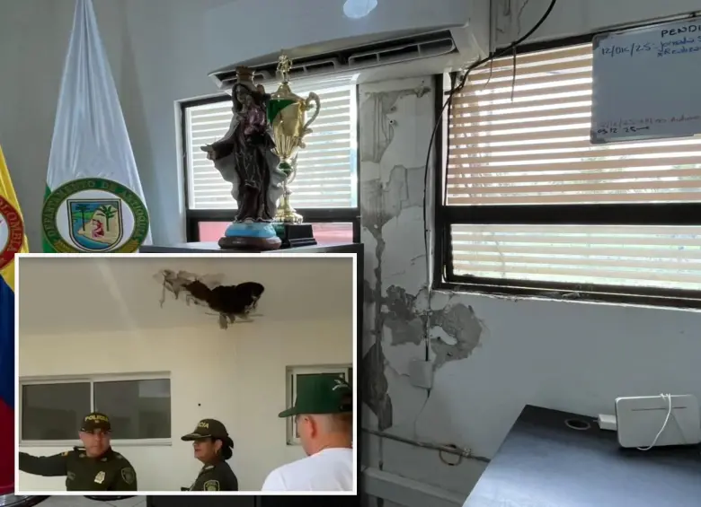 Adelante, uno de los boquetes en una de las estaciones de Policía del departamento. Atrás, las humedades que aquejan otra de las dependencias. FOTO: Cortesía